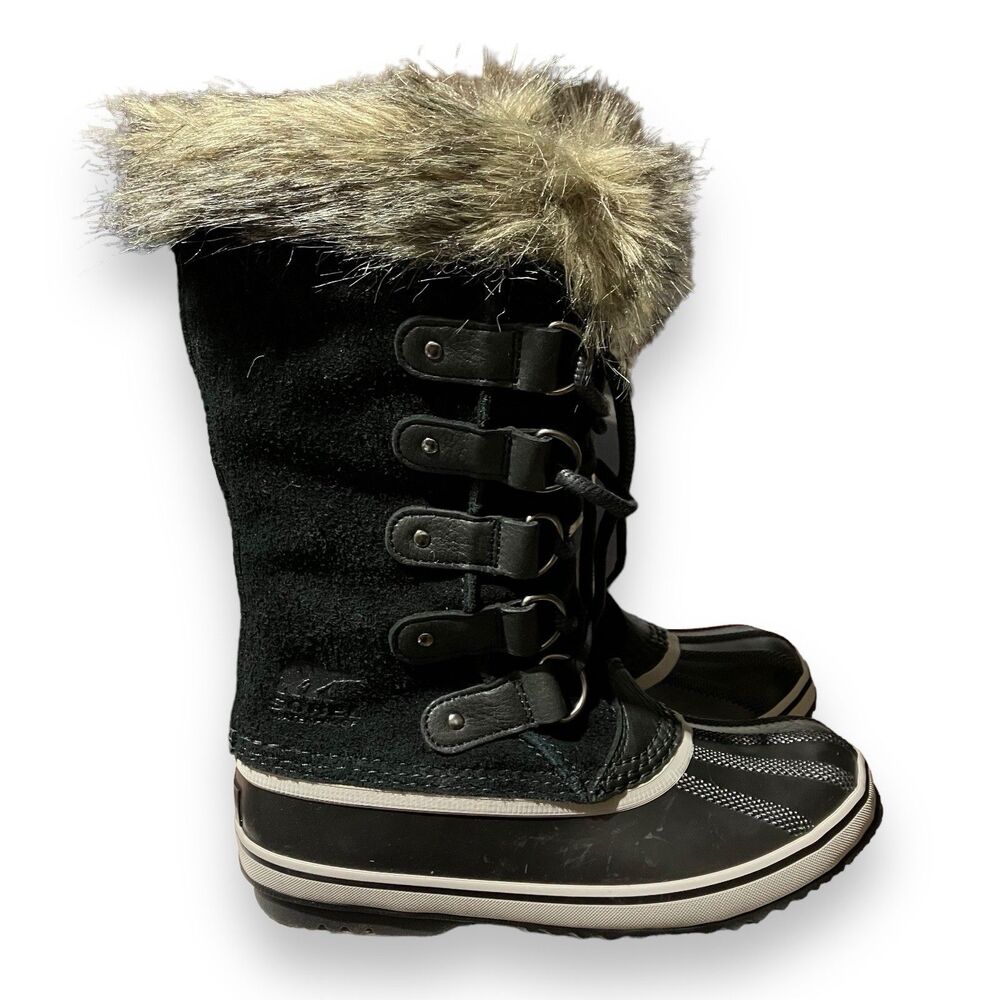 SOREL Joan of Arctic Snow Boots 6 Black Suede Leather Mid Calf Faux Fur‎